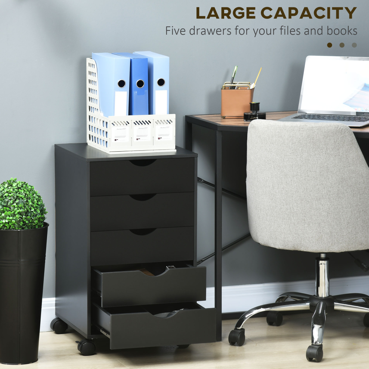 HOMCOM Mobile Vertical Filing Cabinet with 5 Drawers and Wheels – Home Office Storage, Black