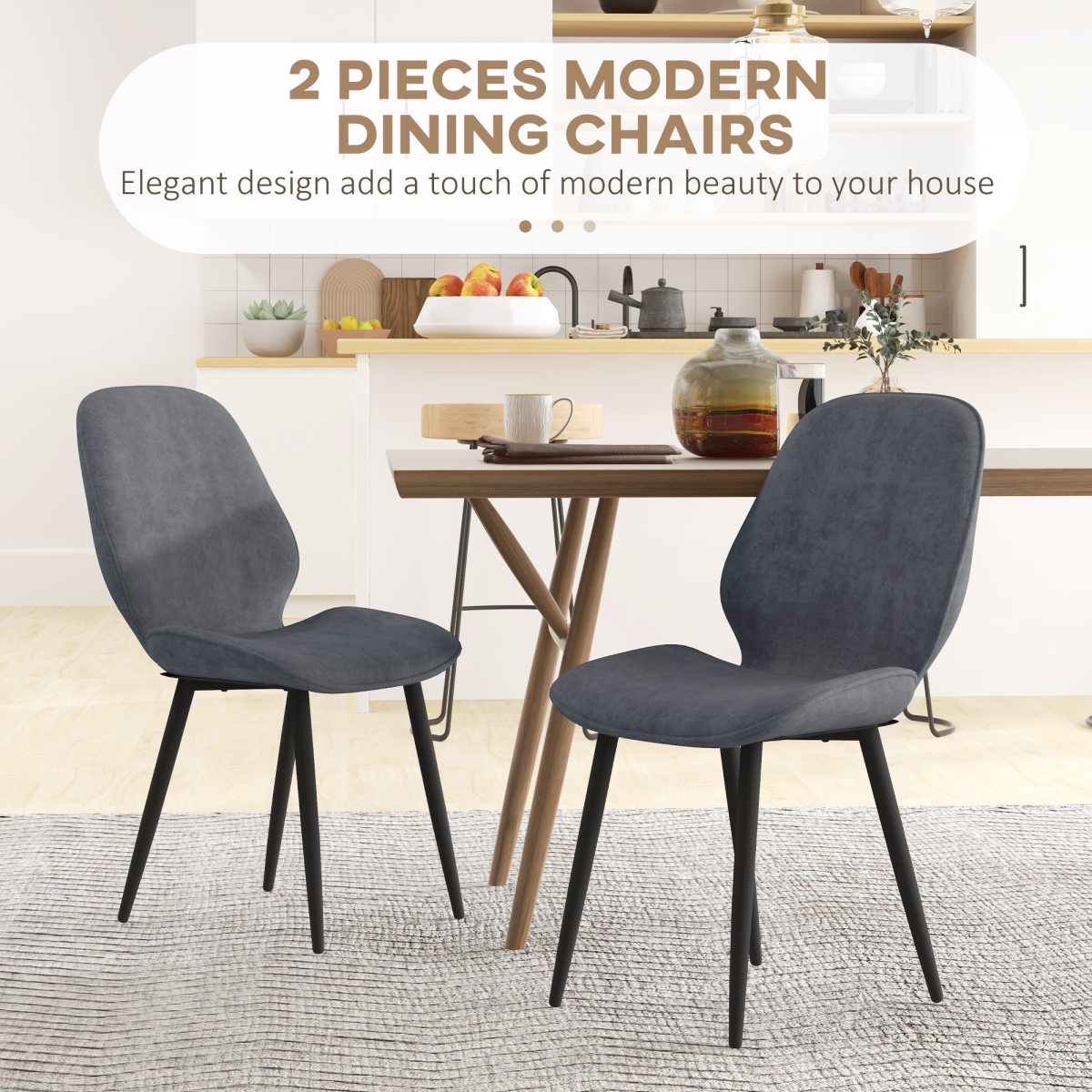 HOMCOM Upholstered Dining Chairs, Set of 2 with Padded Seats & Metal Legs – Armless Kitchen Chairs, Grey