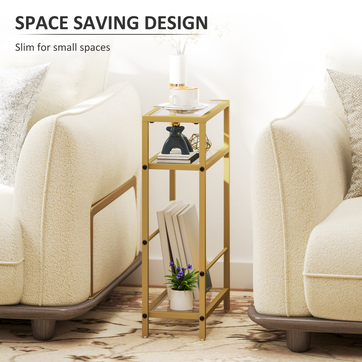 HOMCOM Slim Side Table with Three-Tier Tempered Glass Shelves – 18 cm Narrow End Table, Gold Tone