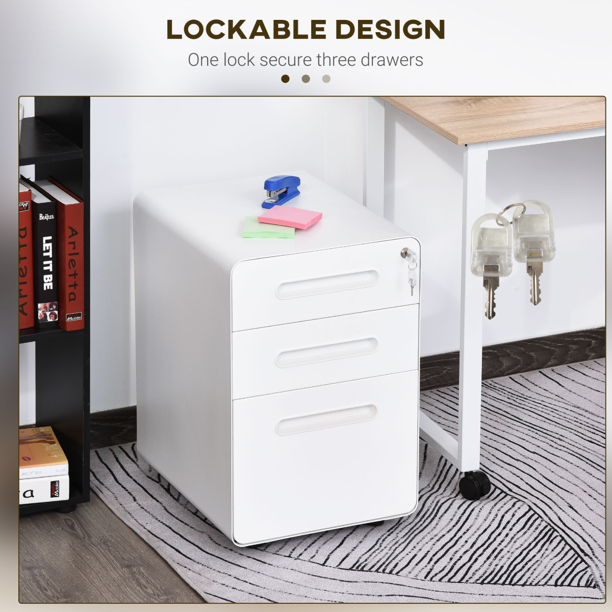Vinsetto 3-Drawer Steel Mobile Filing Cabinet with Lock, Pencil Tray & Wheels – Home Office Storage, White