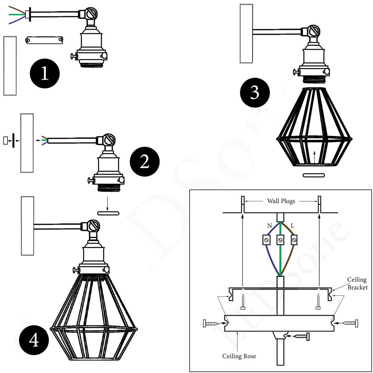 LEDSone Vintage Industrial Adjustable Cage Wall Lamp with E27 Holder – Retro Metal Wall Sconce, Black