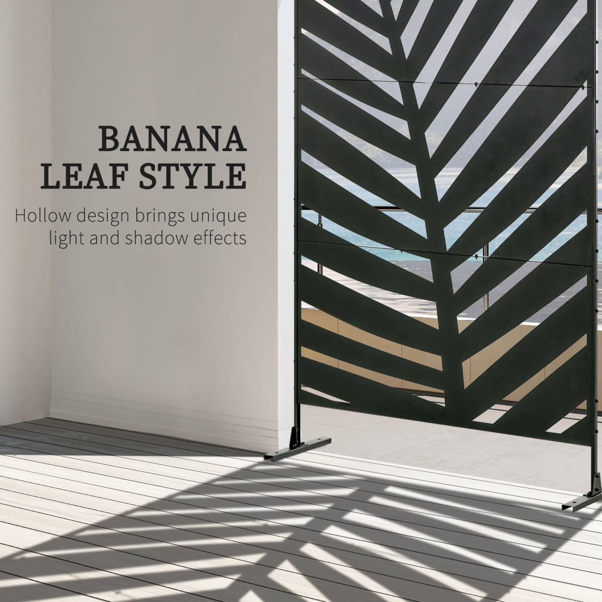 Outsunny 6.5FT Metal Outdoor Privacy Screen Panel with Stand & Ground Stakes – Banana Leaf Cut-Out Design