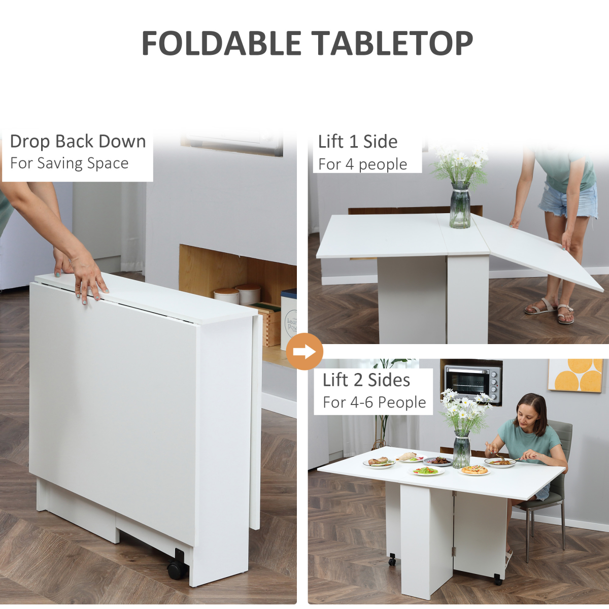 HOMCOM Mobile Drop Leaf Kitchen Table with Storage Shelves & Wheels – Space-Saving Dining Table, White
