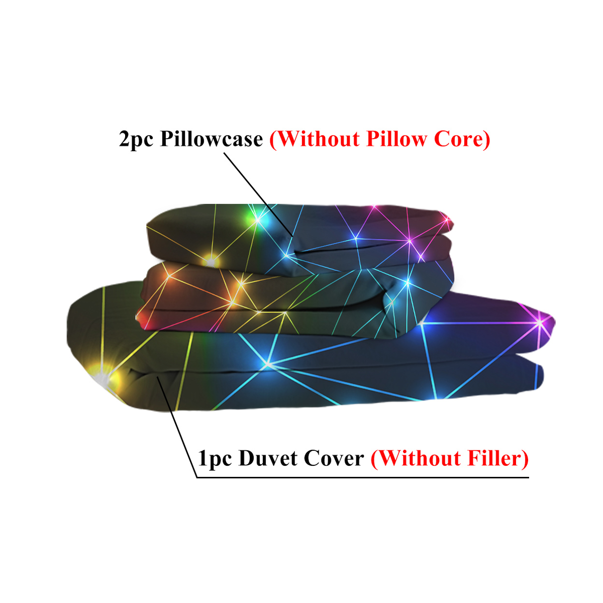 Retro Neon Triangle Duvet Cover Set with 2 Pillow Shams – Rainbow Laser Pattern Single Bedding