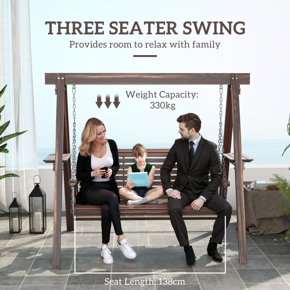 Outsunny 3-Seater Wooden Garden Swing Chair with Side Tables, Adjustable Chains and Cushion – Fir Wood