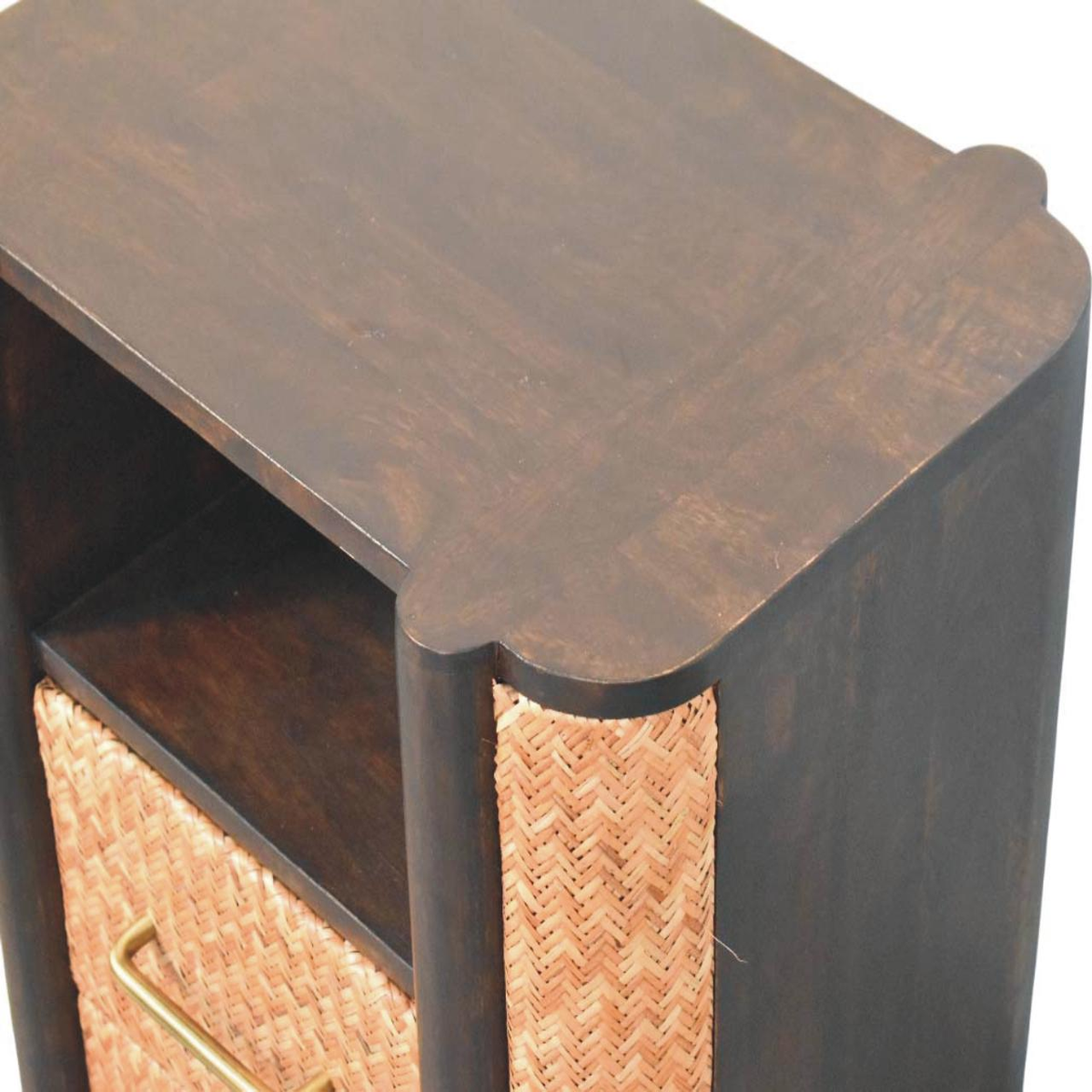 Artisan Furniture Solid Wood Rattan Curve Edge Nightstand with 2 Drawers and Shelf – Bedroom, Dark Brown