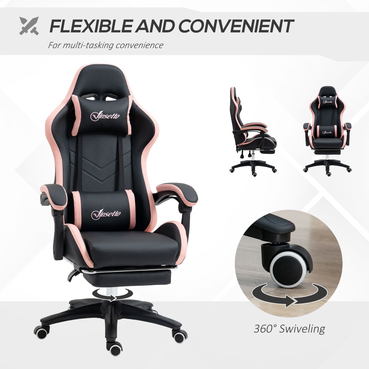Reclining Gaming Chair with Footrest, Head & Lumbar Pillows – Swivel Computer Desk Chair, Black & Pink