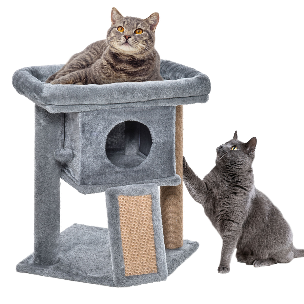 Cat Tree with Cat House, Wide Perch and Jute Scratching Pad – Multi-Level Cat Tower for Cats Under 4.5kg, Grey