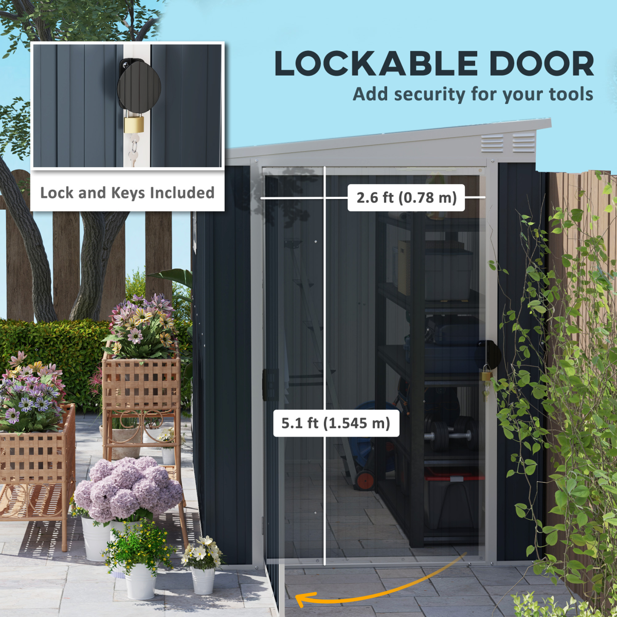 Outsunny 7.6x4ft Galvanised Steel Garden Storage Shed with Window, Vents & Lockable Door, Dark Grey
