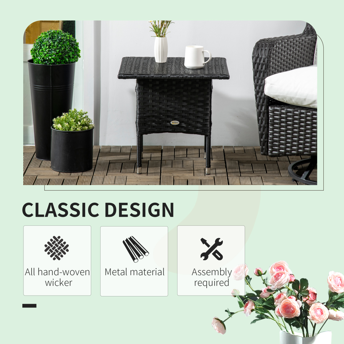 Outsunny PE Rattan Outdoor Coffee Table with Galvanised Steel Frame – Patio & Garden Side Table, Black