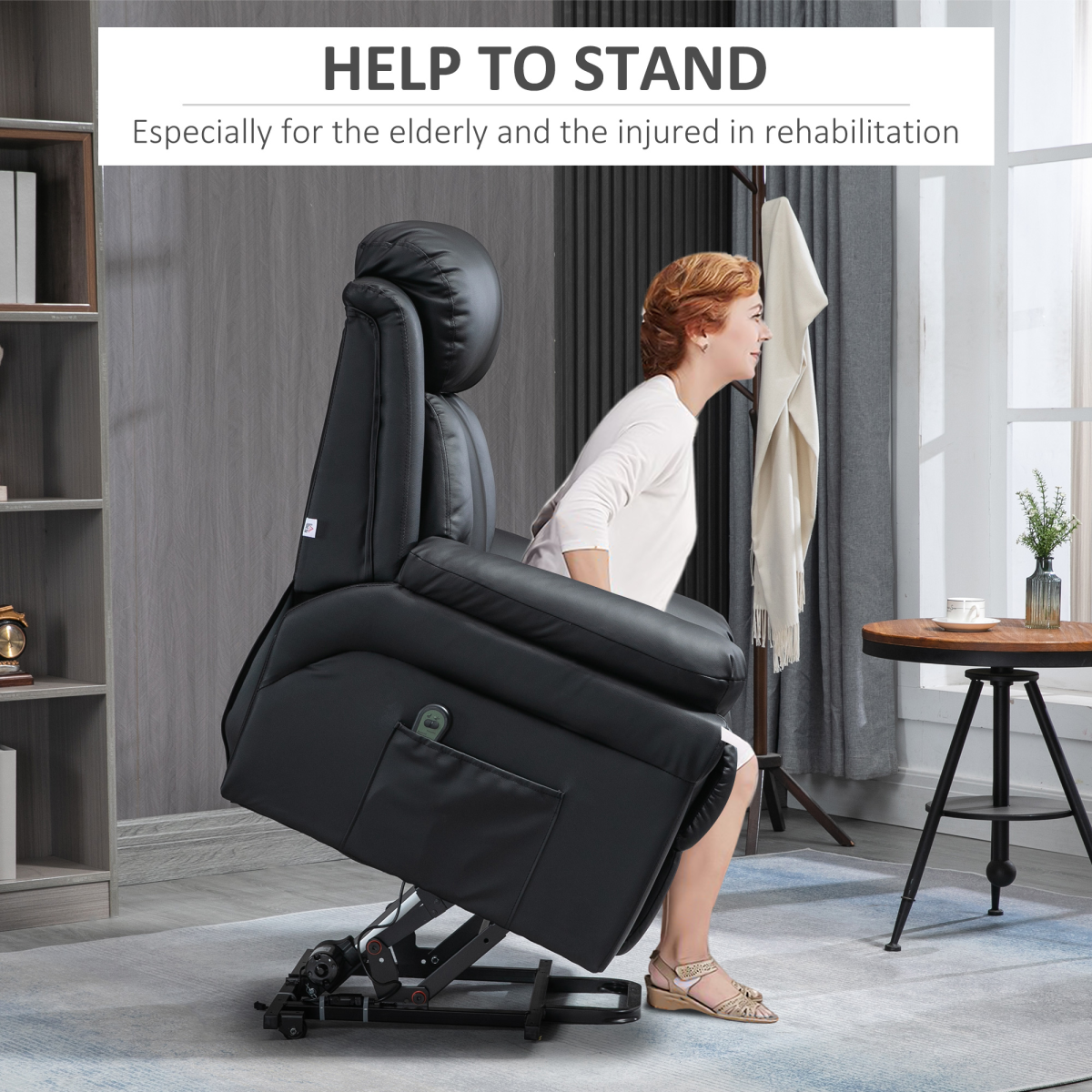 HOMCOM PU Leather Electric Lift and Rise Recliner, Overstuffed Design – Standing Assistance Chair, Black