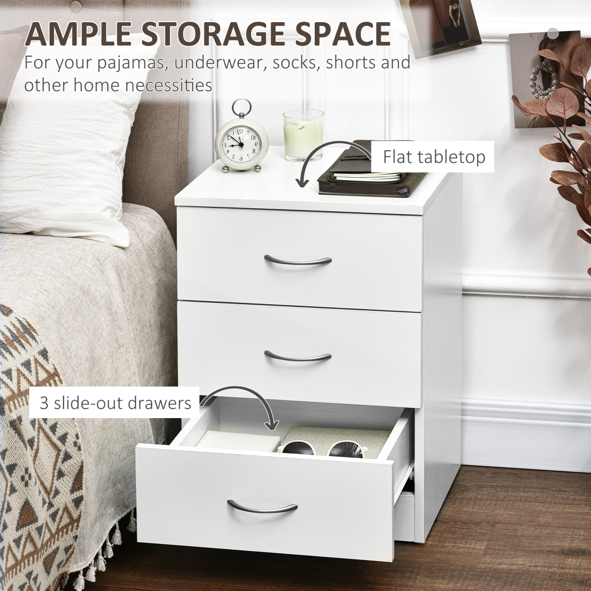 HOMCOM Modern 3 Drawer Bedside Table with Anti-Tipping Straps – Wooden Side Cabinet for Bedroom, White