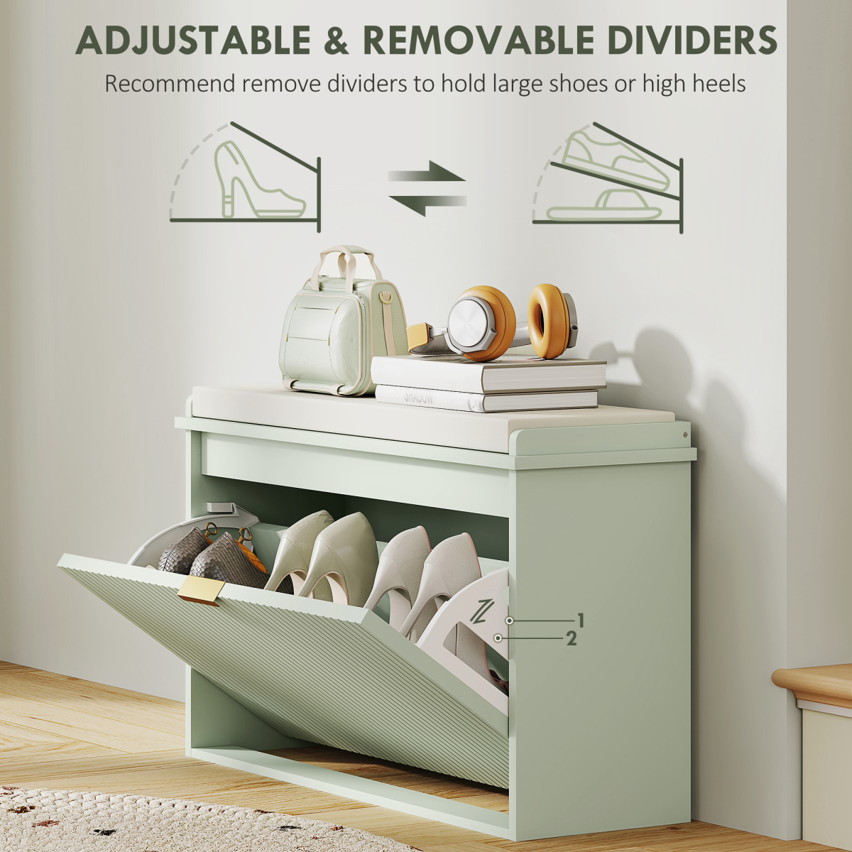Shoe Storage Bench with Cushioned Seat & Drawer for 8 Pairs – 80cm Hallway Shoe Cabinet, Green and Beige