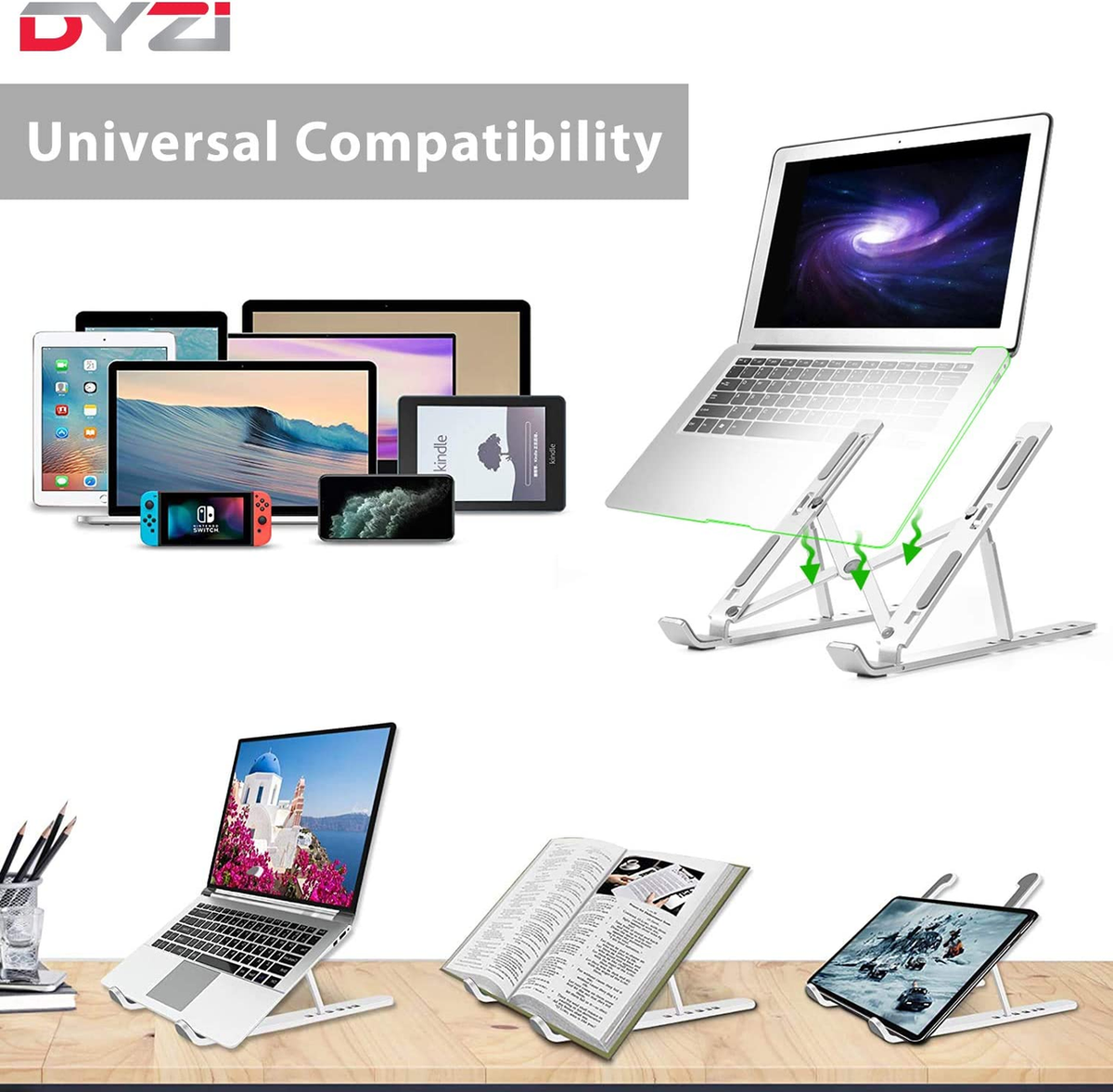 DYZI Foldable Aluminium Laptop Stand with Ventilation, 7 Height Settings – For 10–15.6 Inch Laptops & Tablets