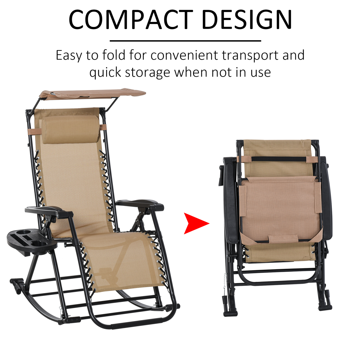 Folding Zero-Gravity Recliner Rocker with Canopy, Padded Headrest and Side Tray – Outdoor Lounge Chair
