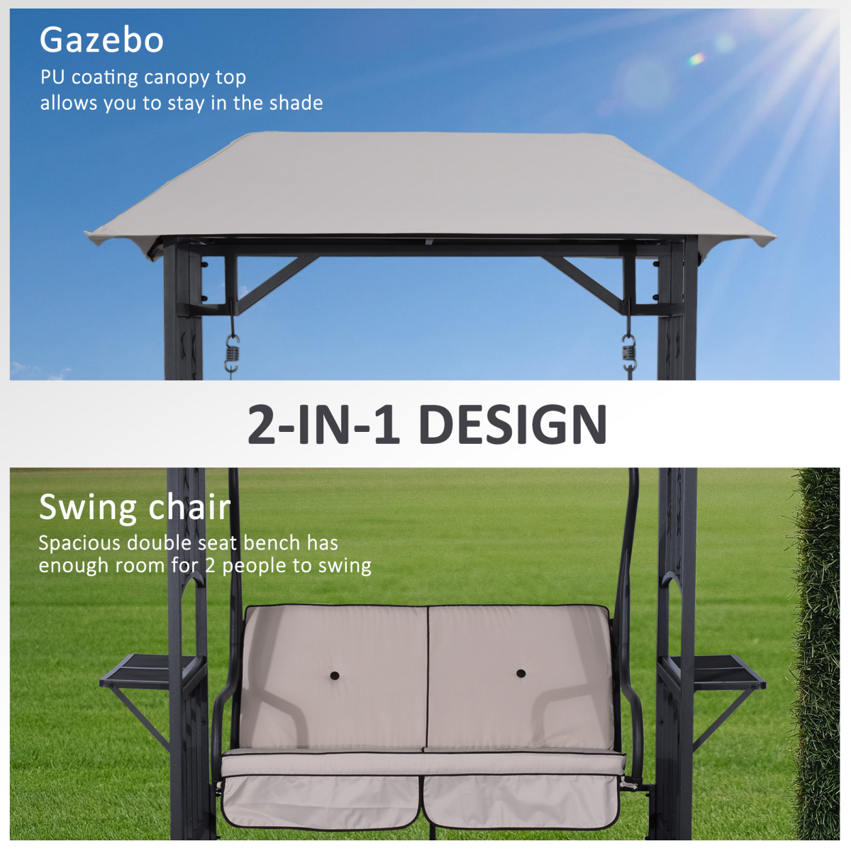 Outsunny 2-Seater Canopy Swing Chair with Side Tables & Cushions – 2-in-1 Garden Gazebo Swing, Steel Frame
