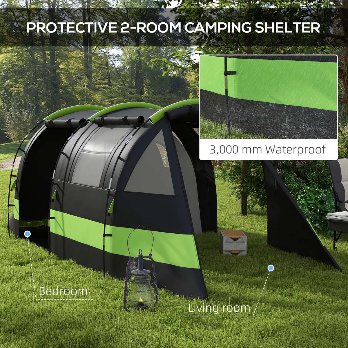 Outsunny Blackout Camping Tent with Bedroom & Living Room, 3000mm Waterproof – 4–5 Person Family Tent, Black