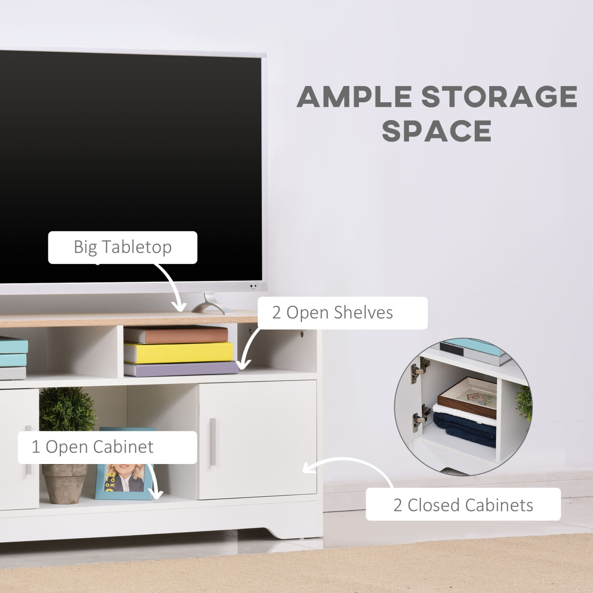 HOMCOM White TV Stand for TVs up to 42" with Storage Cabinets & Open Shelves – Modern Media Unit