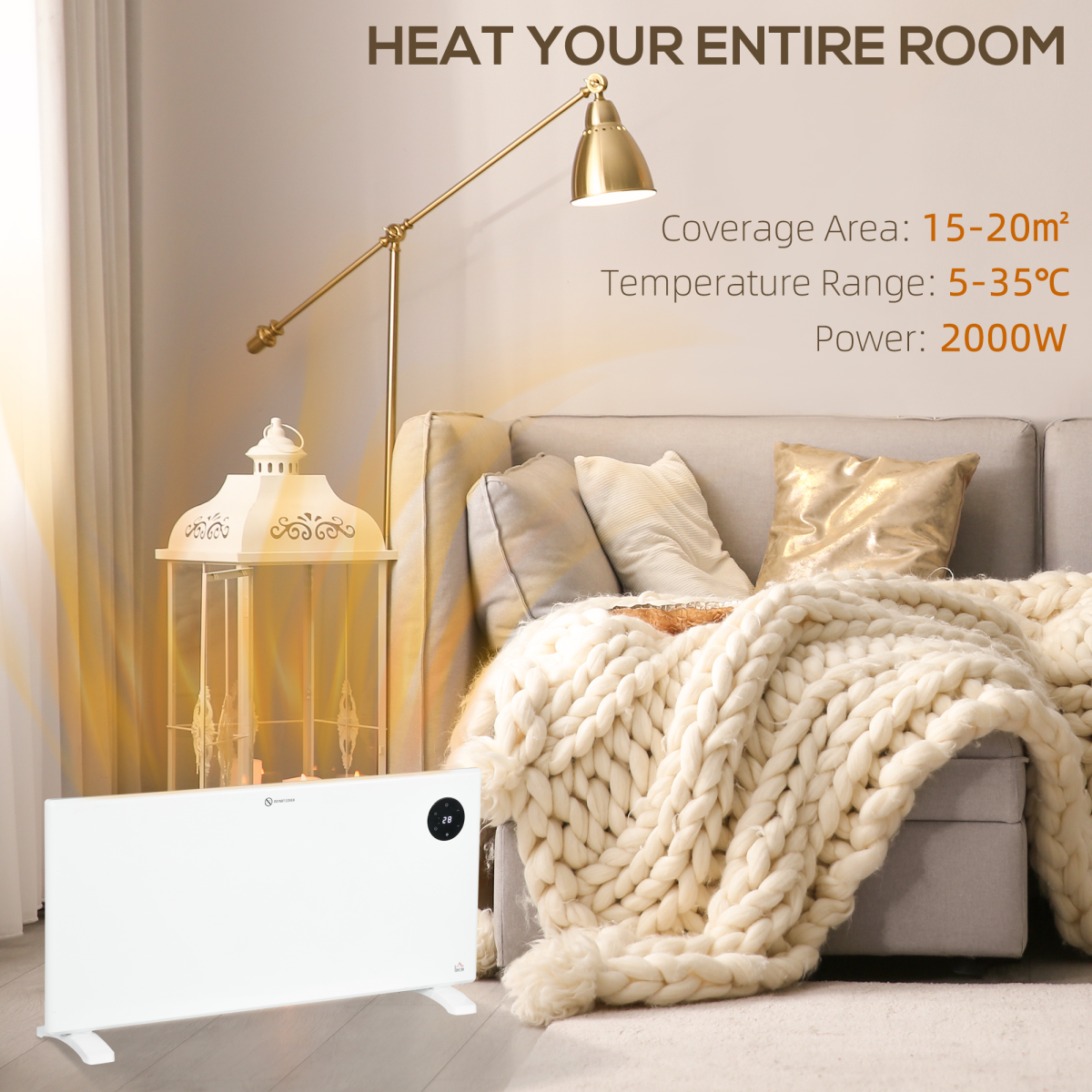 HOMCOM 2000W Electric Convector Heater with LED Display, Remote and Timer – Quiet Fan-Free Space Heater, White