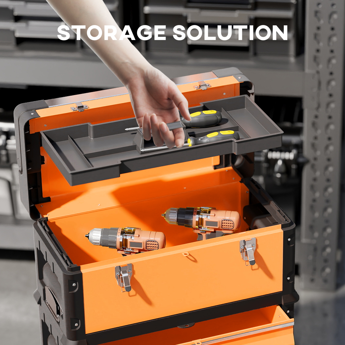3-Tier Stackable Rolling Tool Box with Drawers, Tray & Telescopic Handle – Steel Tool Storage, Orange and Black