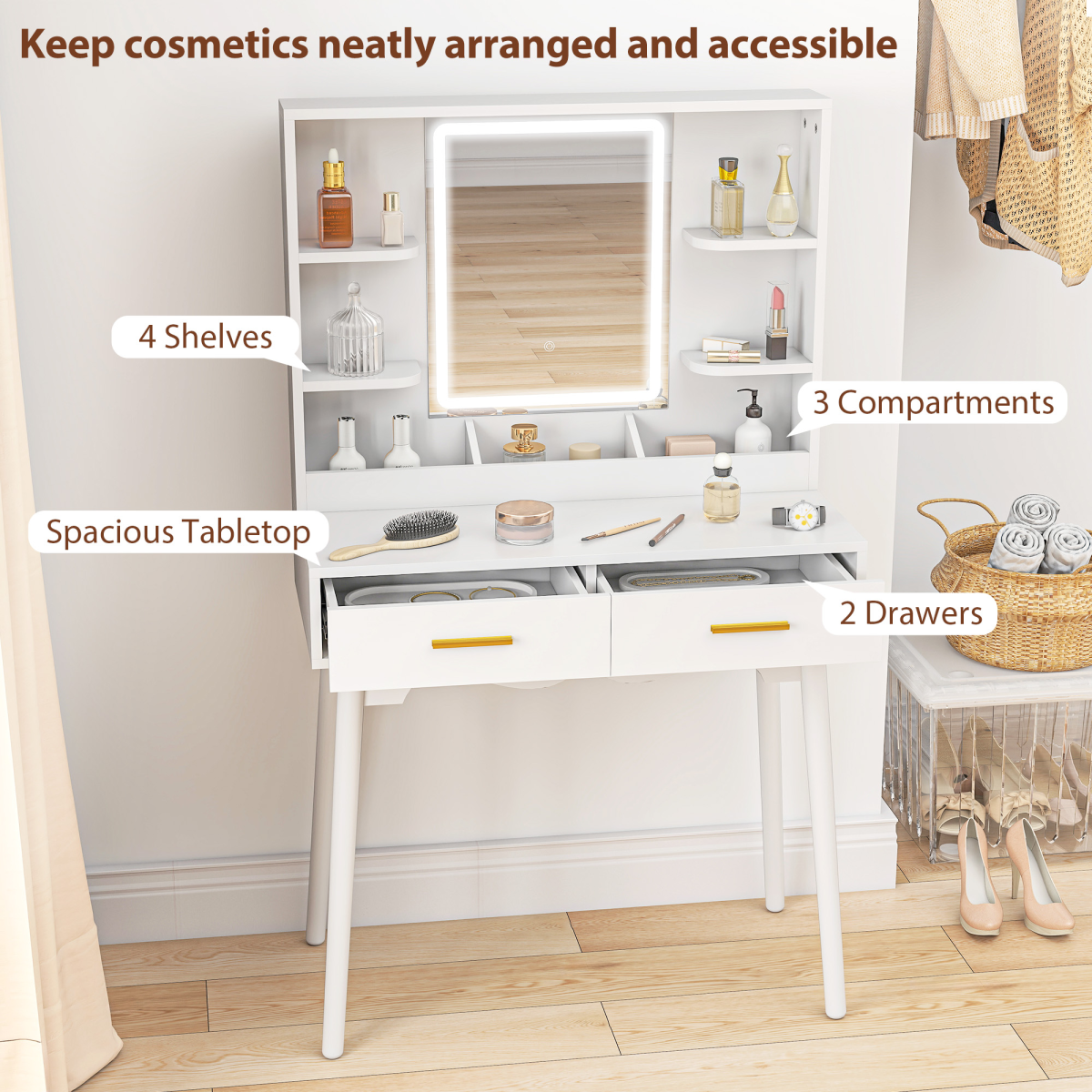 HOMCOM Dressing Table Set with LED Lighted Mirror, 2 Drawers, 4 Shelves & Cushioned Stool – White and Gold