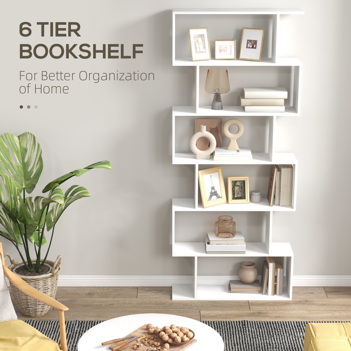 HOMCOM 6-Tier Asymmetrical Shelving Unit with Anti-Toppling Design – Display and Storage, White
