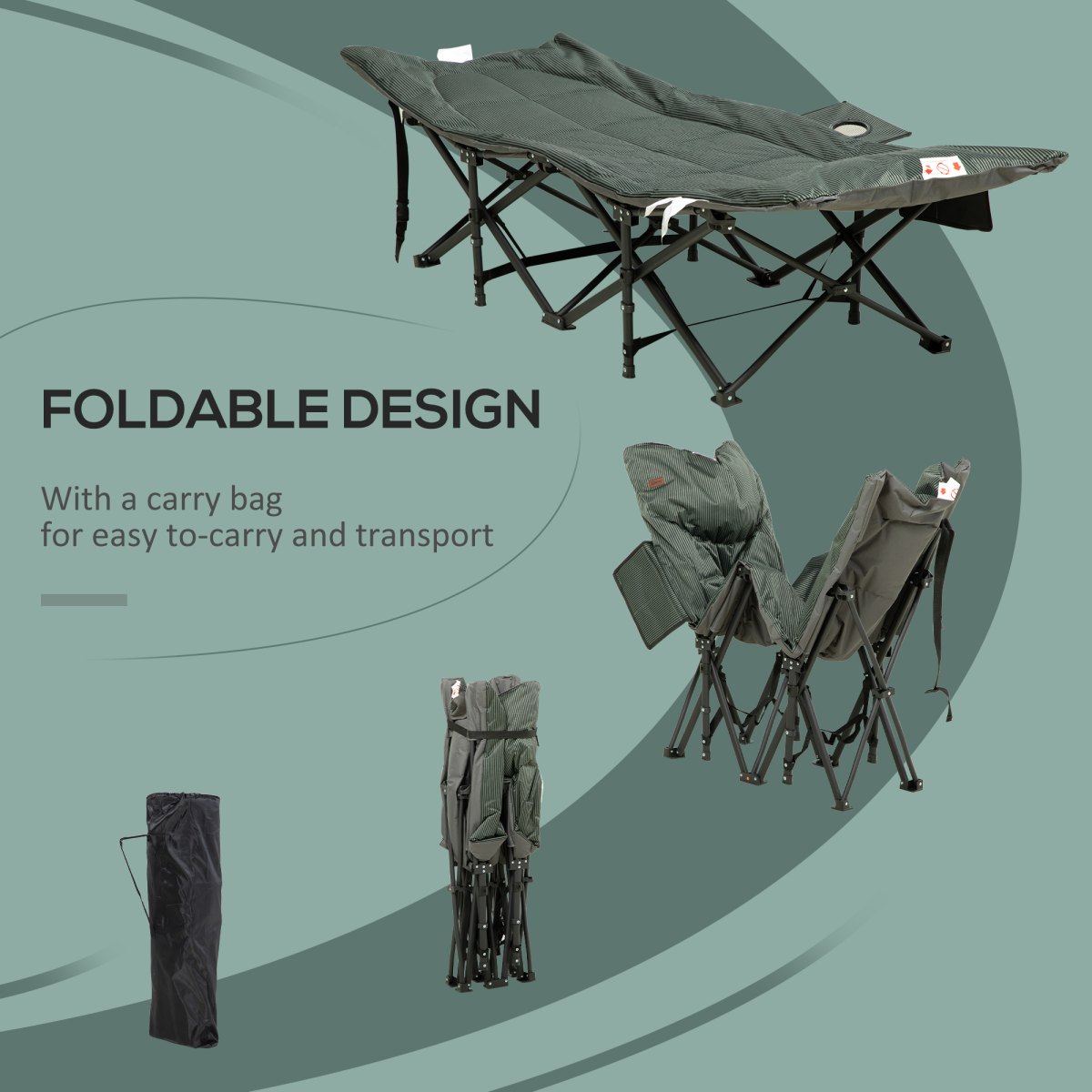 Outsunny Foldable Camping Bed with Cup Holder, Magazine Pocket & Carry Bag – 170° Recline, Grey