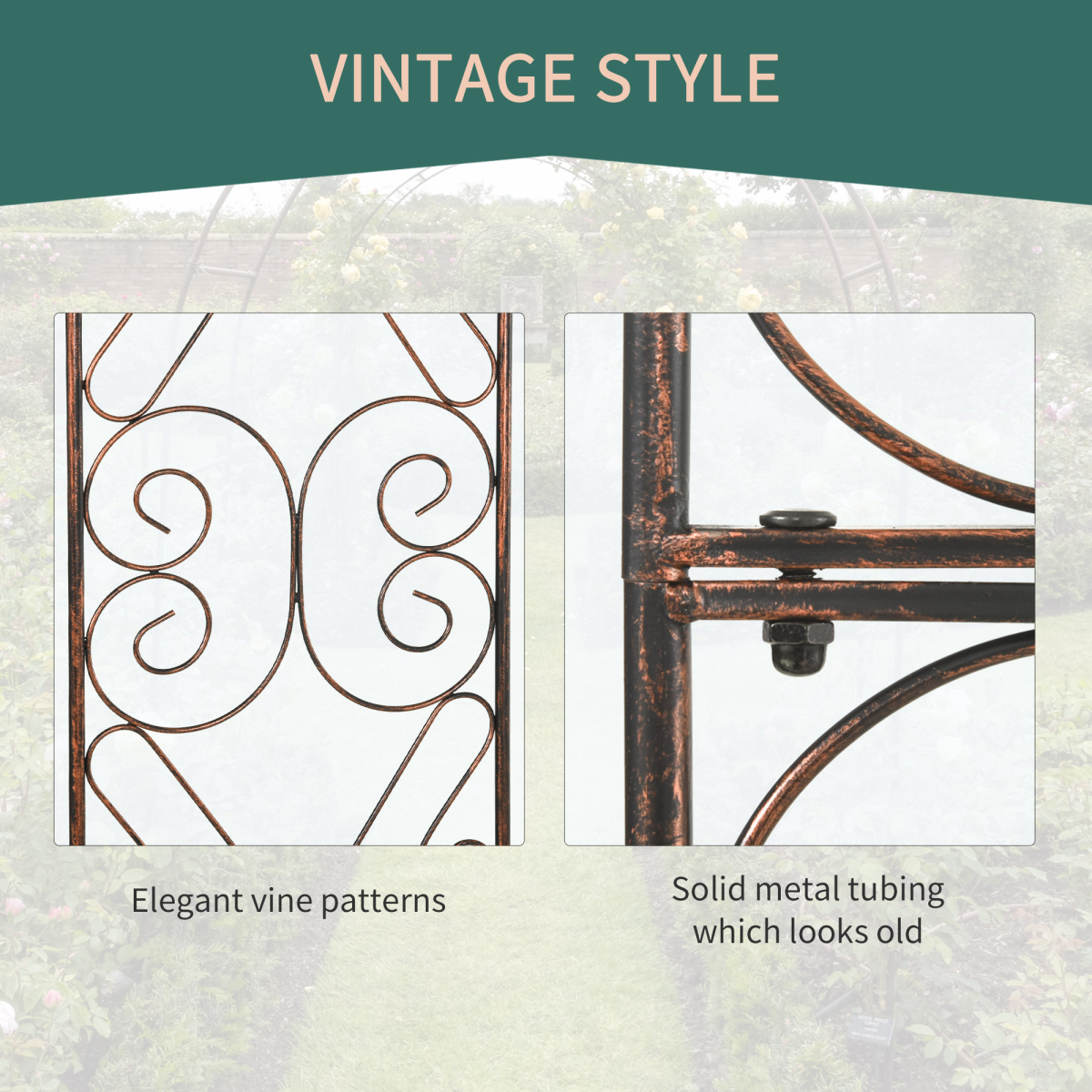 Outsunny Metal Garden Arch with Scroll Design, 226cm High – Climbing Plant Arbour for Weddings & Patios