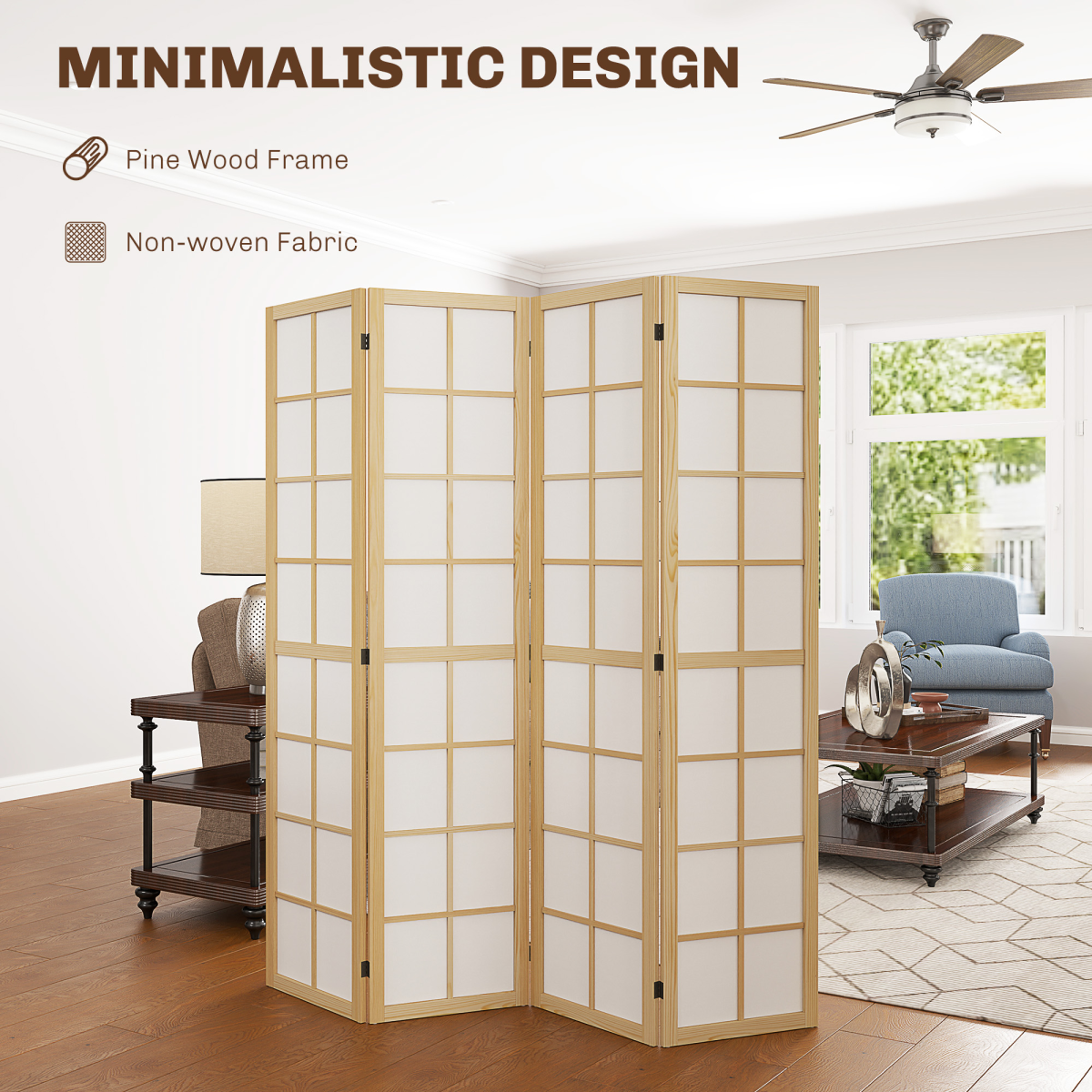 HOMCOM 4 Panel Folding Room Divider with Pine Wood Frame – Privacy Screen, 160 x 170cm