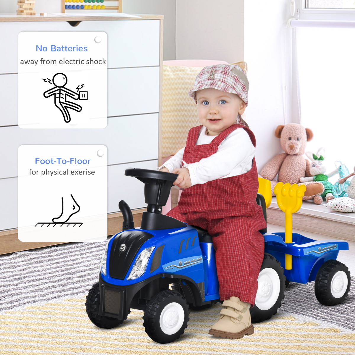 HOMCOM Toddler Ride-On Tractor Walker with Horn and Headlights – Foot-to-Floor Slider, 12–36 Months, Blue