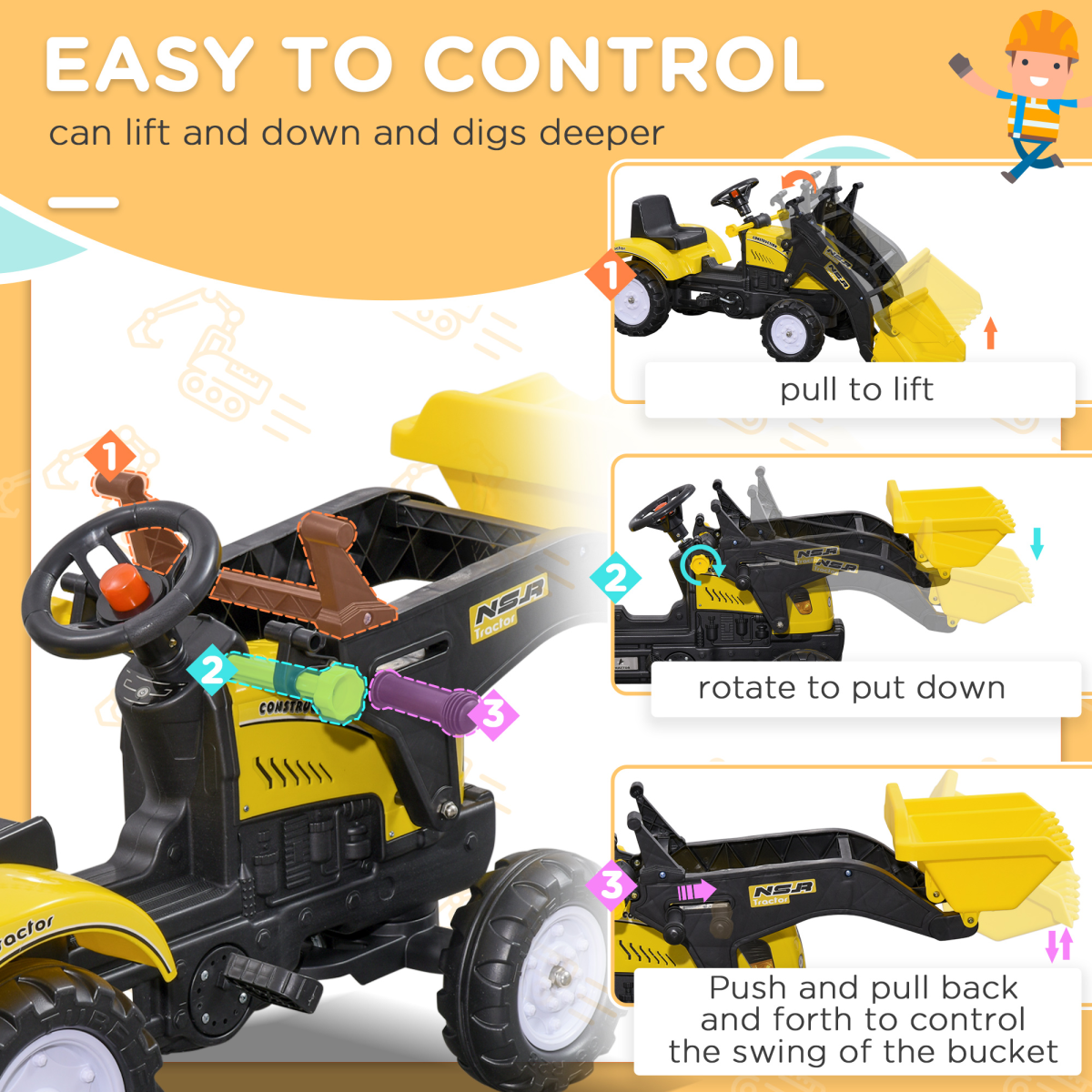 HOMCOM Pedal Go Kart Ride-On Excavator with Metal Frame, Hand Brake & Front Digger – Kids Toy, Yellow and Black