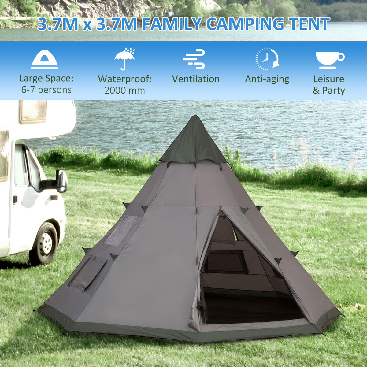 Outsunny 6–7 Person Tipi Camping Tent with Mesh Windows & Carry Bag – Large Family Party Tent