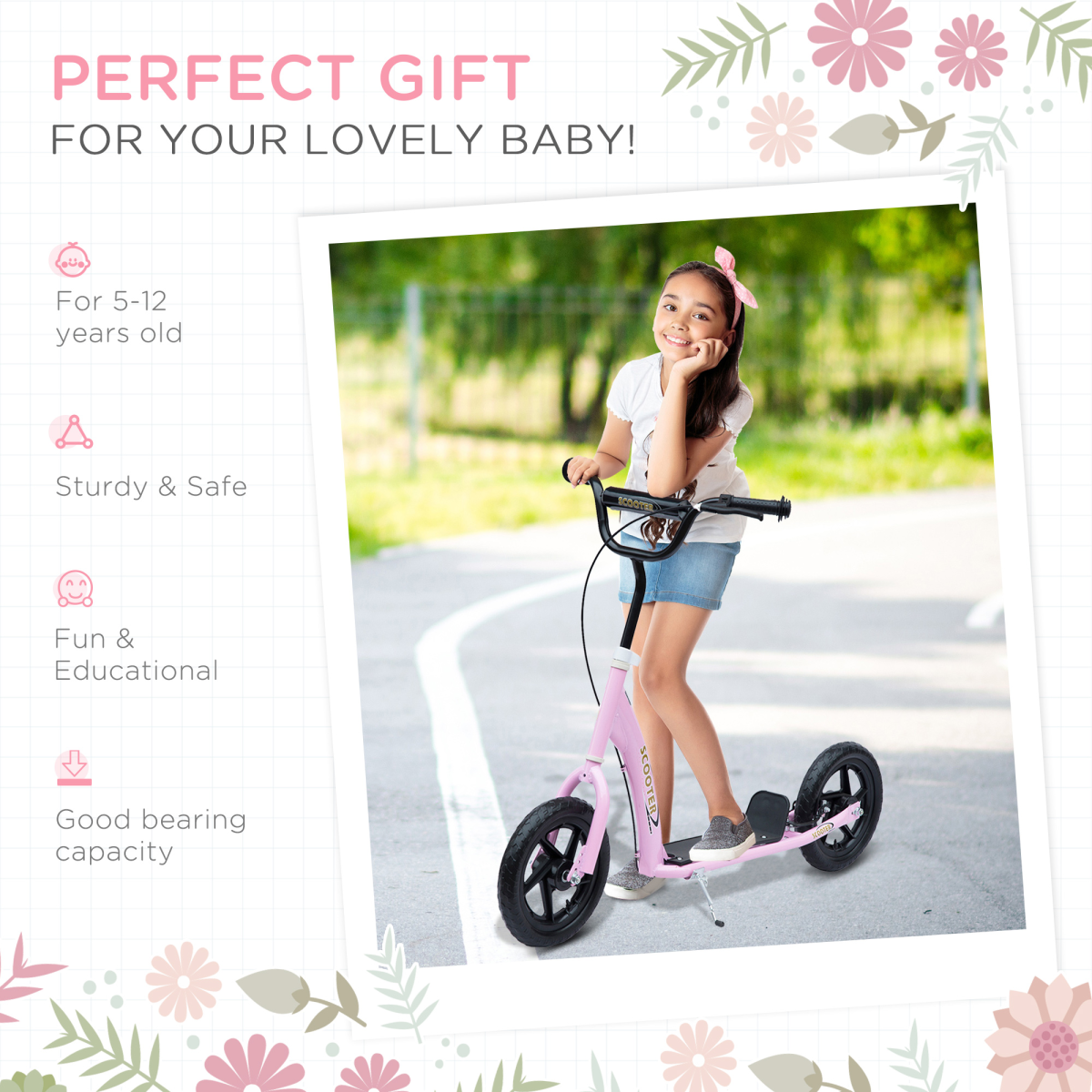 HOMCOM Kids Push Scooter with 12" EVA Wheels, Adjustable Height 80-88cm & Rear Brake – Stunt Scooter, Pink