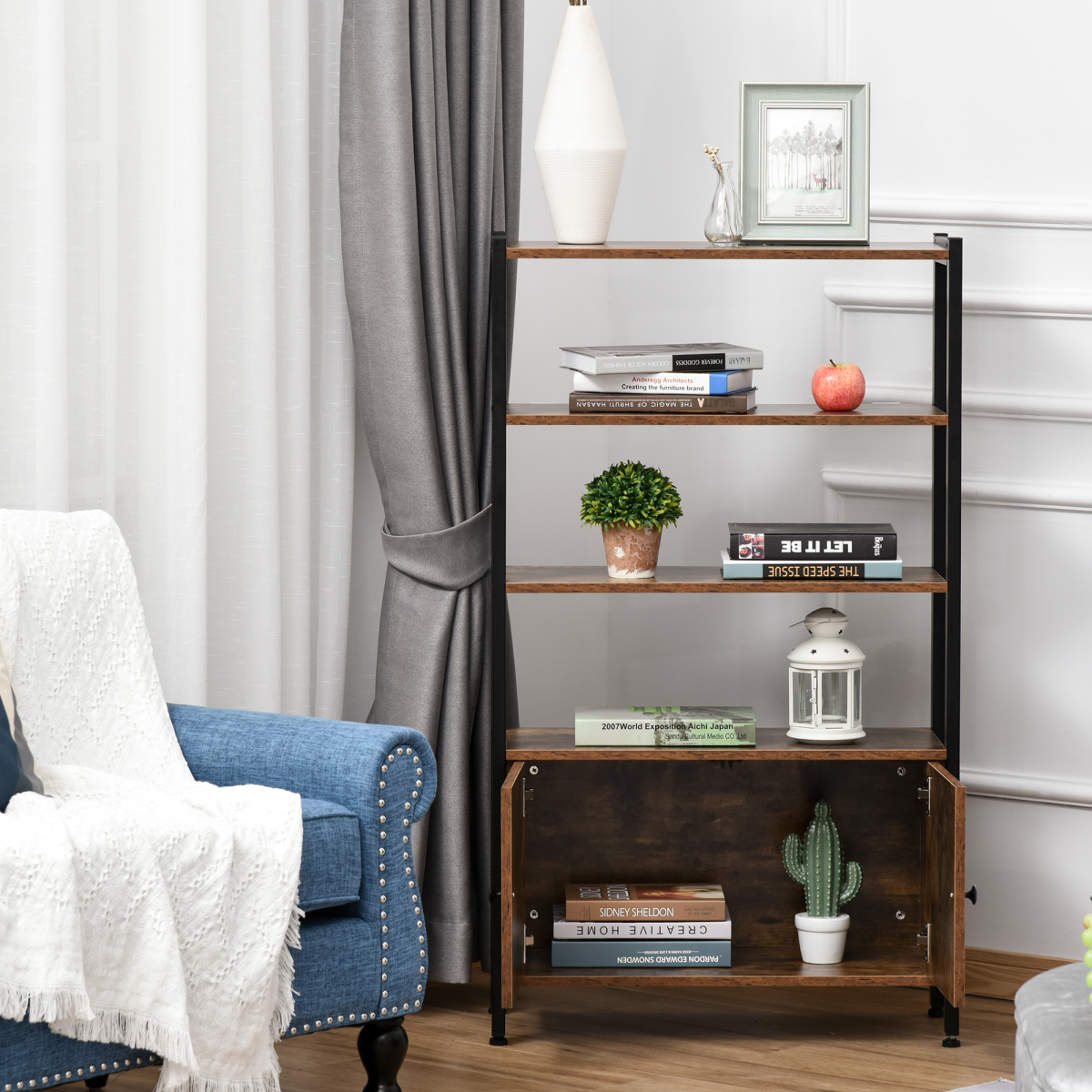 Industrial Bookcase Storage Cabinet with Open Shelves & Cupboard – Brown and Black Two-Tone