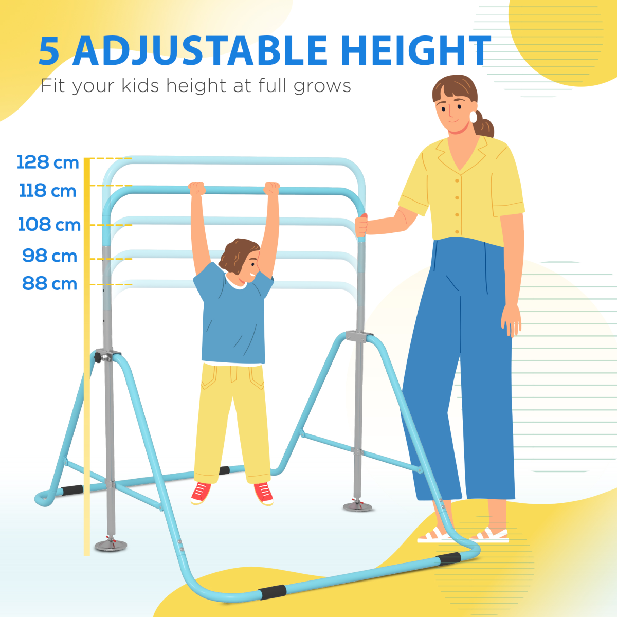 HOMCOM Kids Gymnastic Bar with Adjustable Height 88–128cm, Foldable Steel Frame – Indoor & Outdoor Training Bar