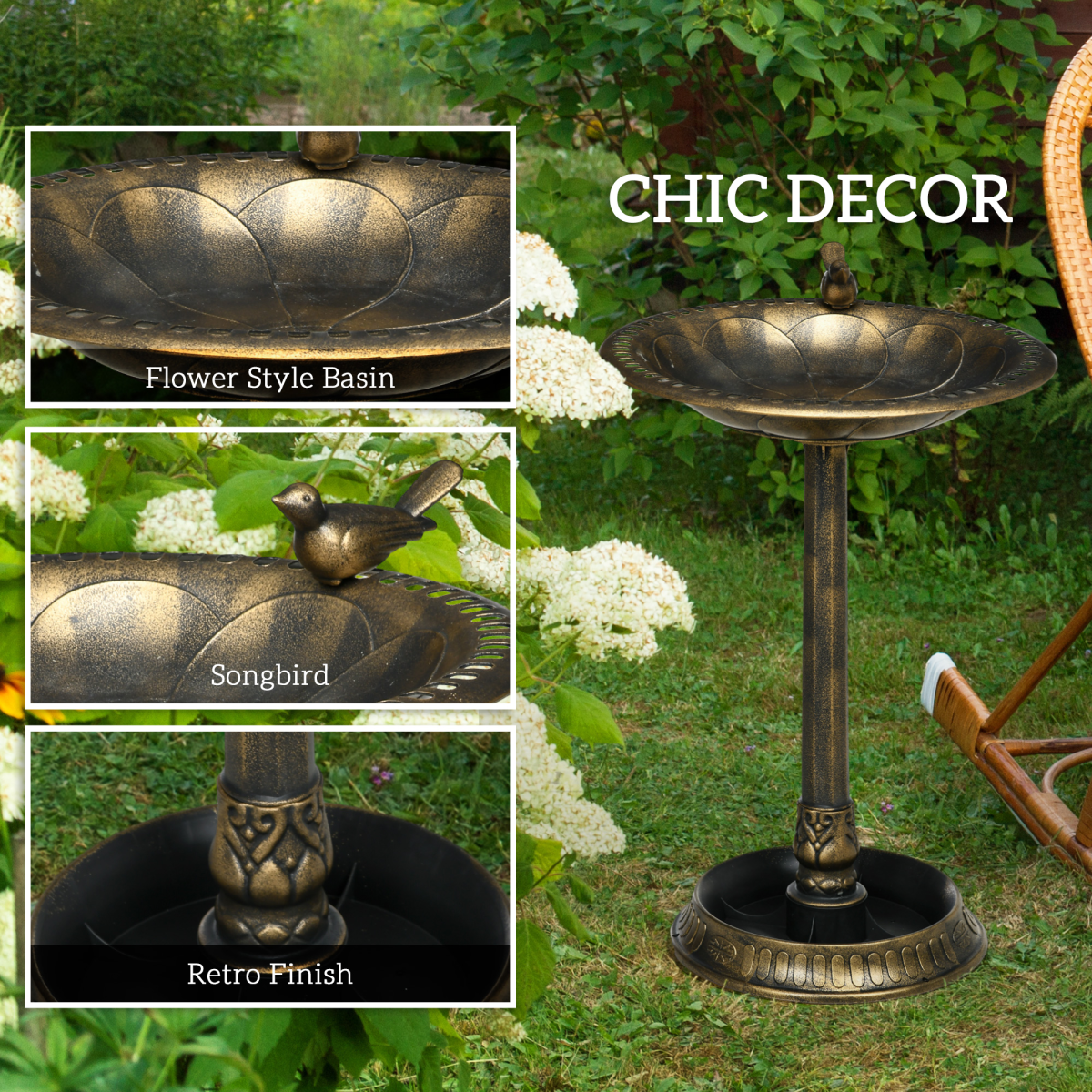 Outsunny 72cm Bronze Bird Bath & Feeder with Bird Statue and Two Basins – Garden Water Feature with Stakes
