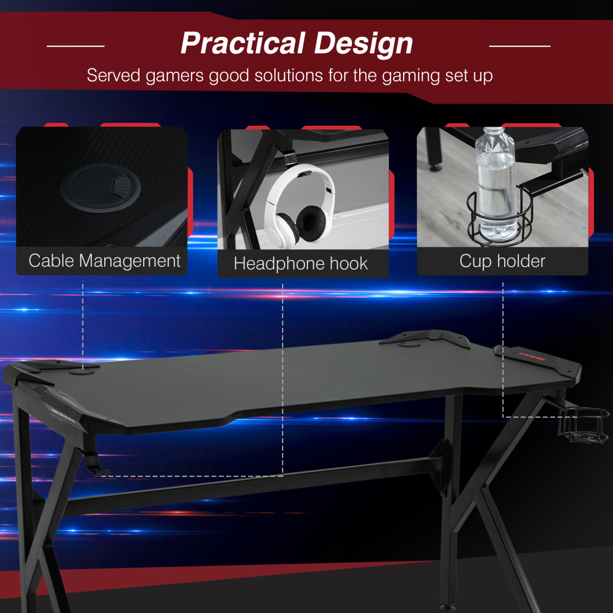 HOMCOM Gaming Desk with Steel K-Frame, Cup Holder, Headphone Hook and Cable Management – 120cm Racing PC Desk