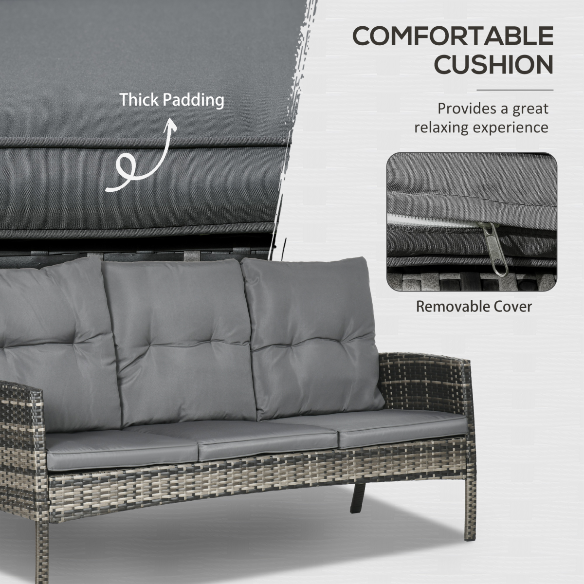 Outsunny Six Piece Rattan Garden Furniture Set with Sofa, 2 Armchairs, 2 Footstools & Glass Table – Grey