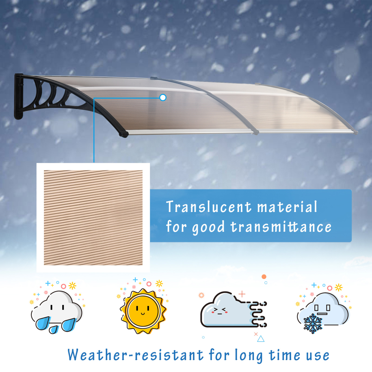 Outsunny Curved Polycarbonate Door and Window Awning, 80 x 195 cm – UV, Rain and Snow Canopy, Clear and Black