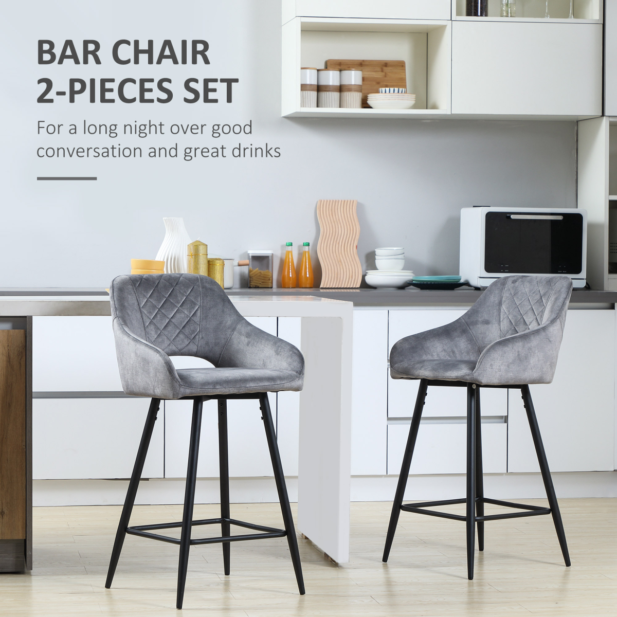 HOMCOM Set of 2 Velvet-Touch Counter Height Bar Stools with Backrest & Footrest – Kitchen Seating, Grey