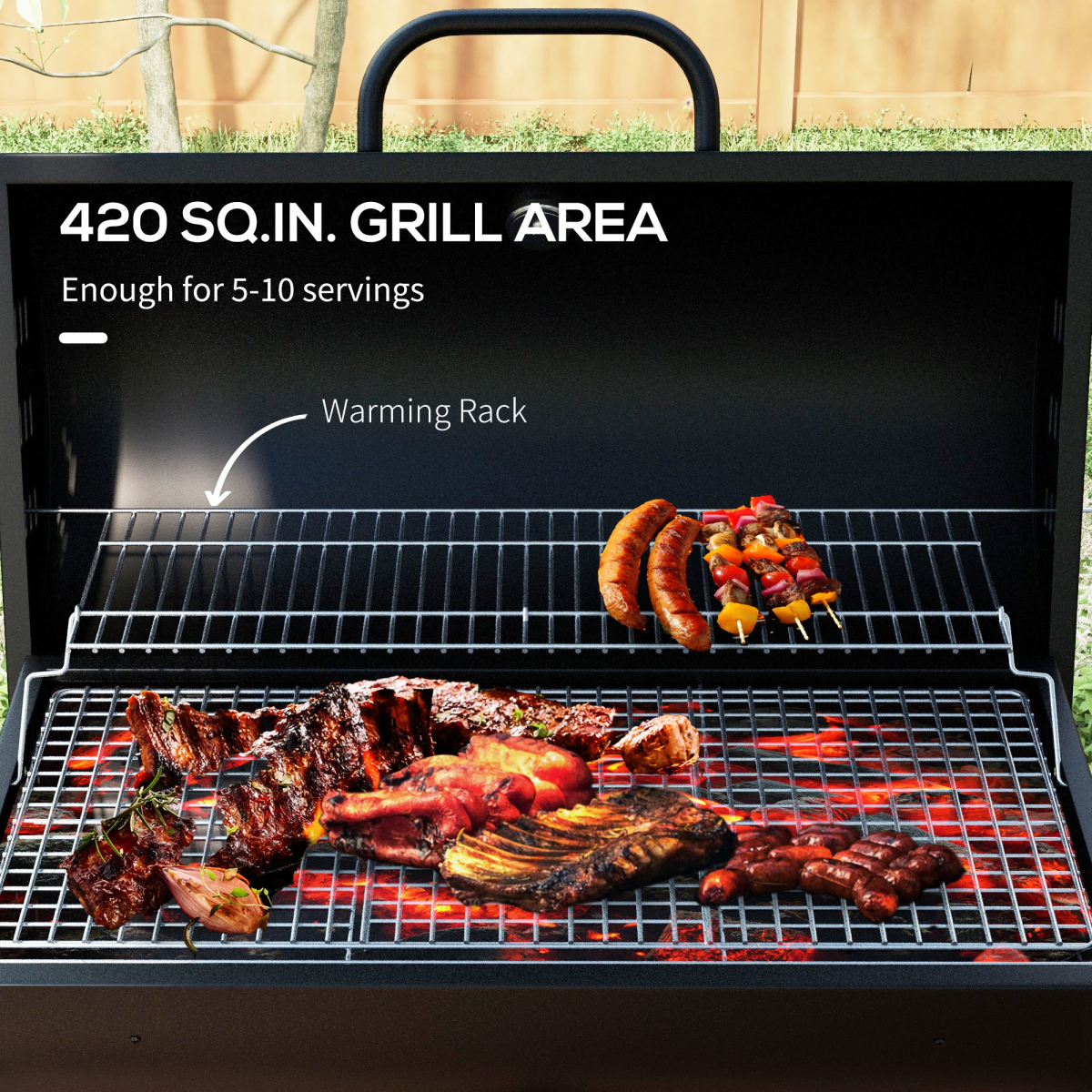 Outsunny Barrel Charcoal BBQ Grill Trolley with Ash Catcher, Thermometer & Warming Rack – Black Steel