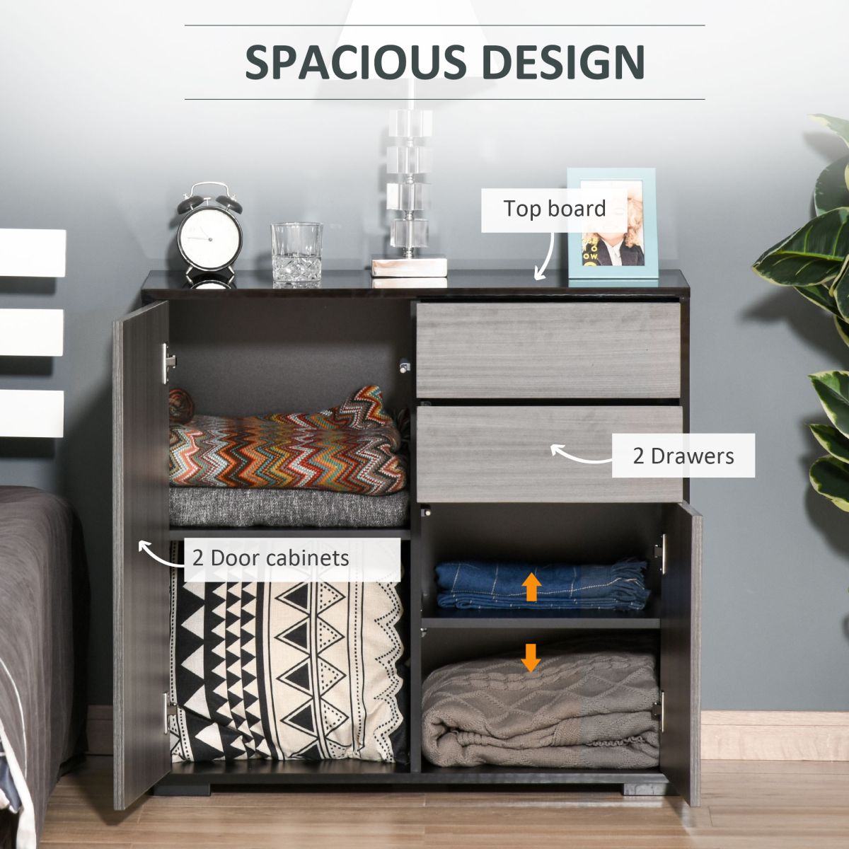Glossy and Matte Side Cabinet with 2 Doors and 2 Drawers – Push-Open Home Office Storage, Grey and Black