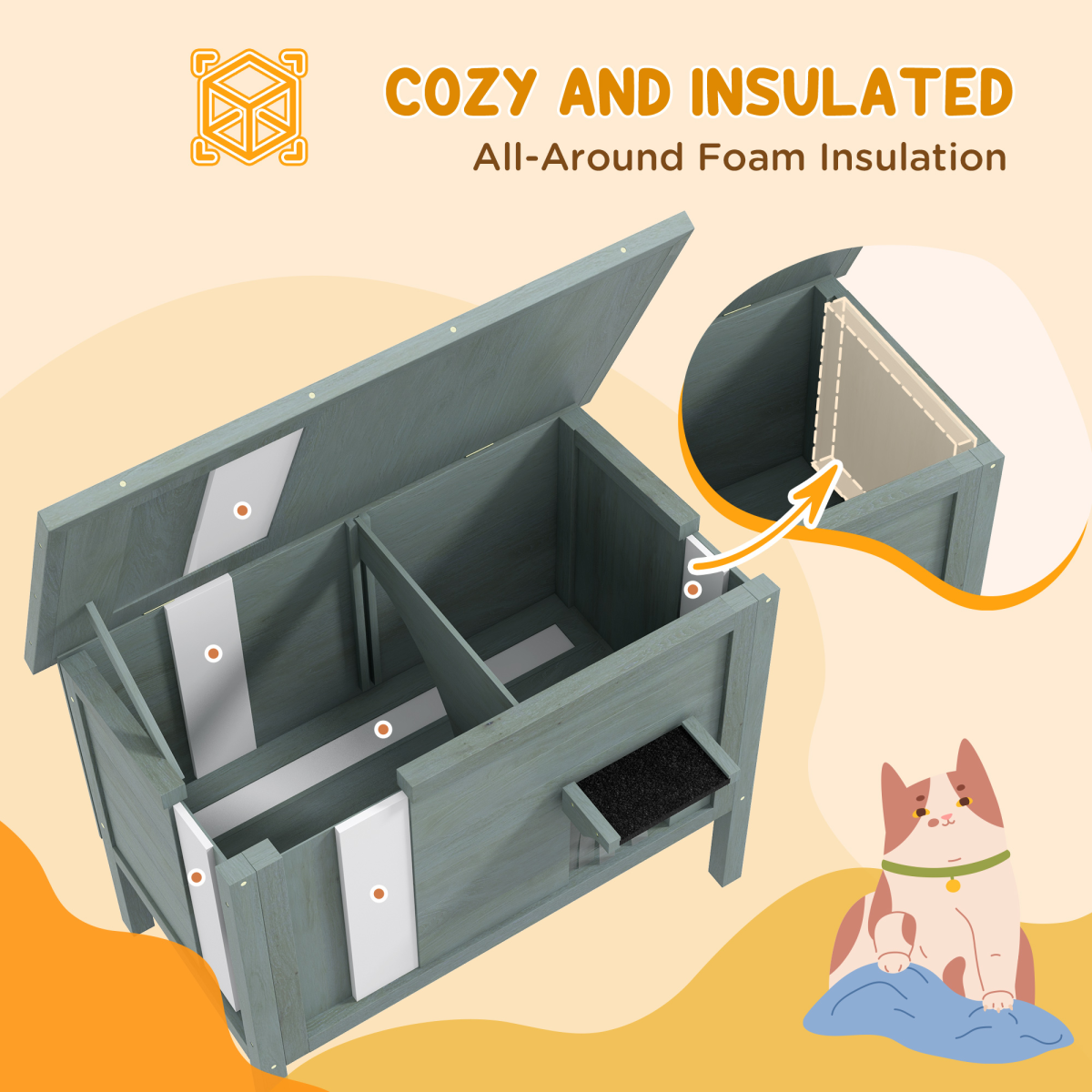 PawHut Insulated Outdoor Cat House with Openable Roof & Curtained Door – Weatherproof Shelter, Grey