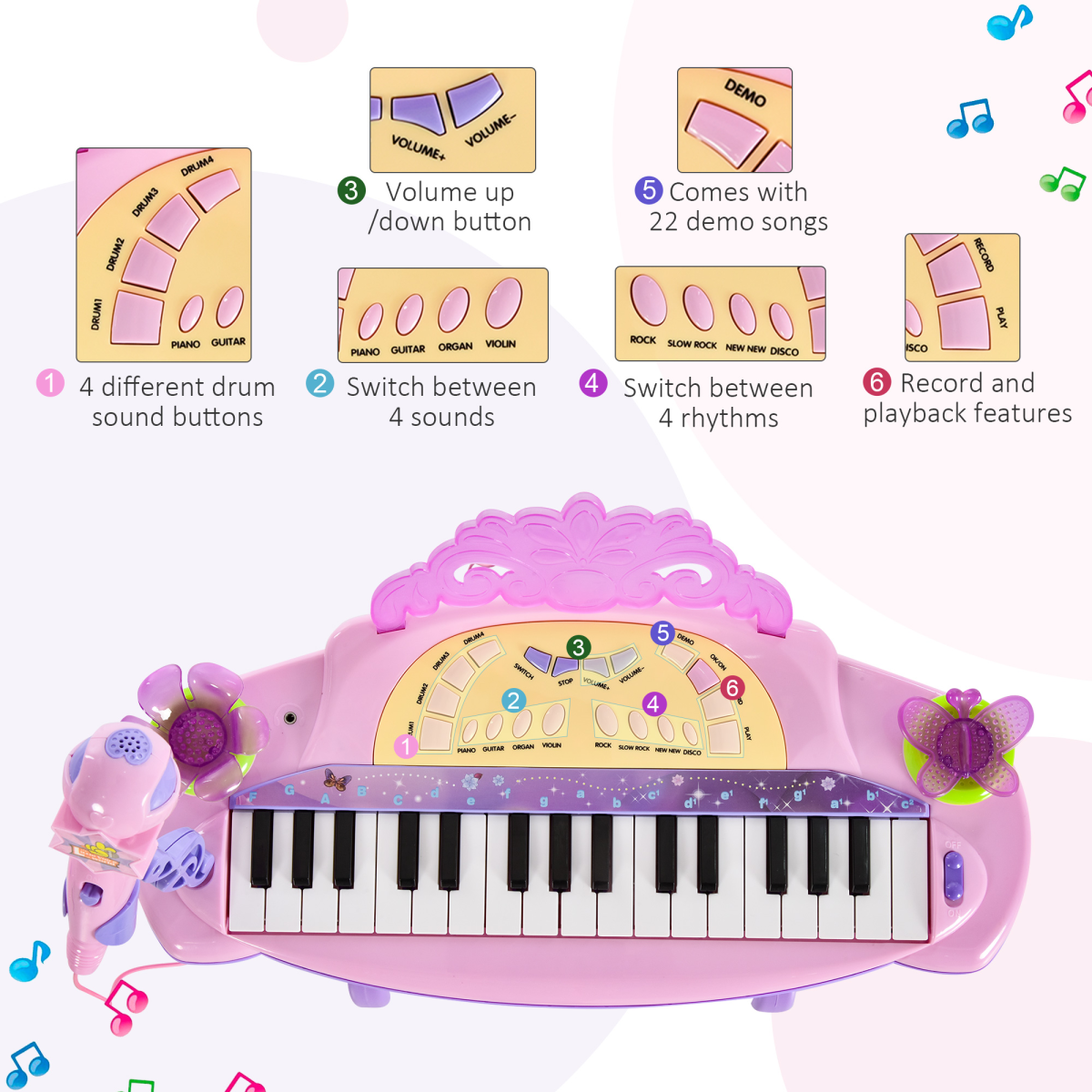 HOMCOM Kids 32-Key Electronic Keyboard with Microphone & Stool – Mini Organ Piano Toy for Ages 3-6
