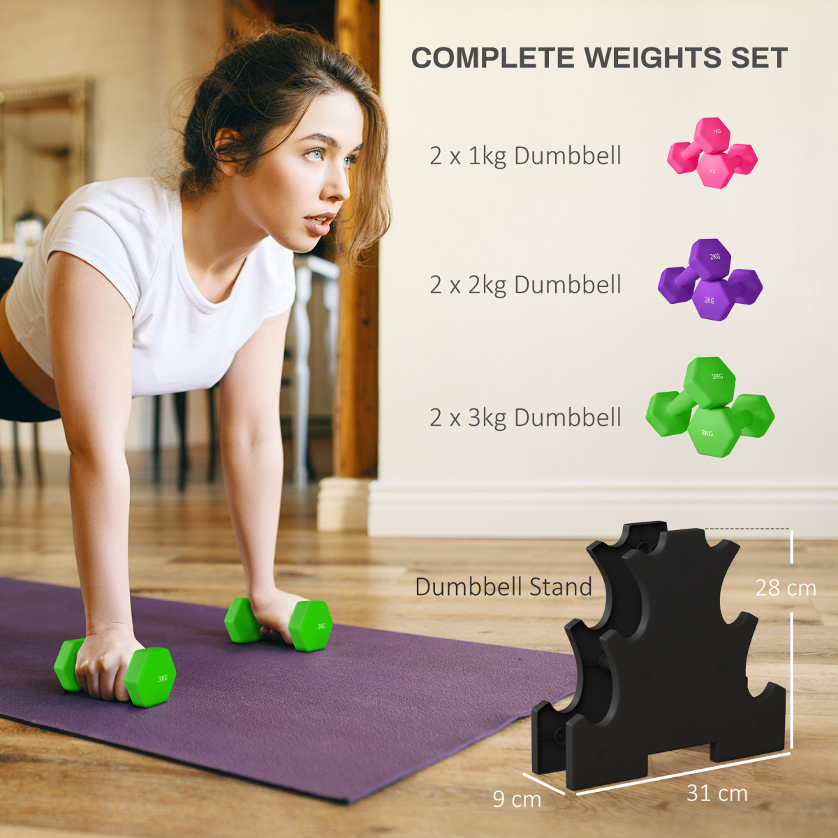SPORTNOW Hex Dumbbell Set with Storage Rack, 12kg Total (2 x 1kg, 2 x 2kg, 2 x 3kg) – Home Gym Hand Weights