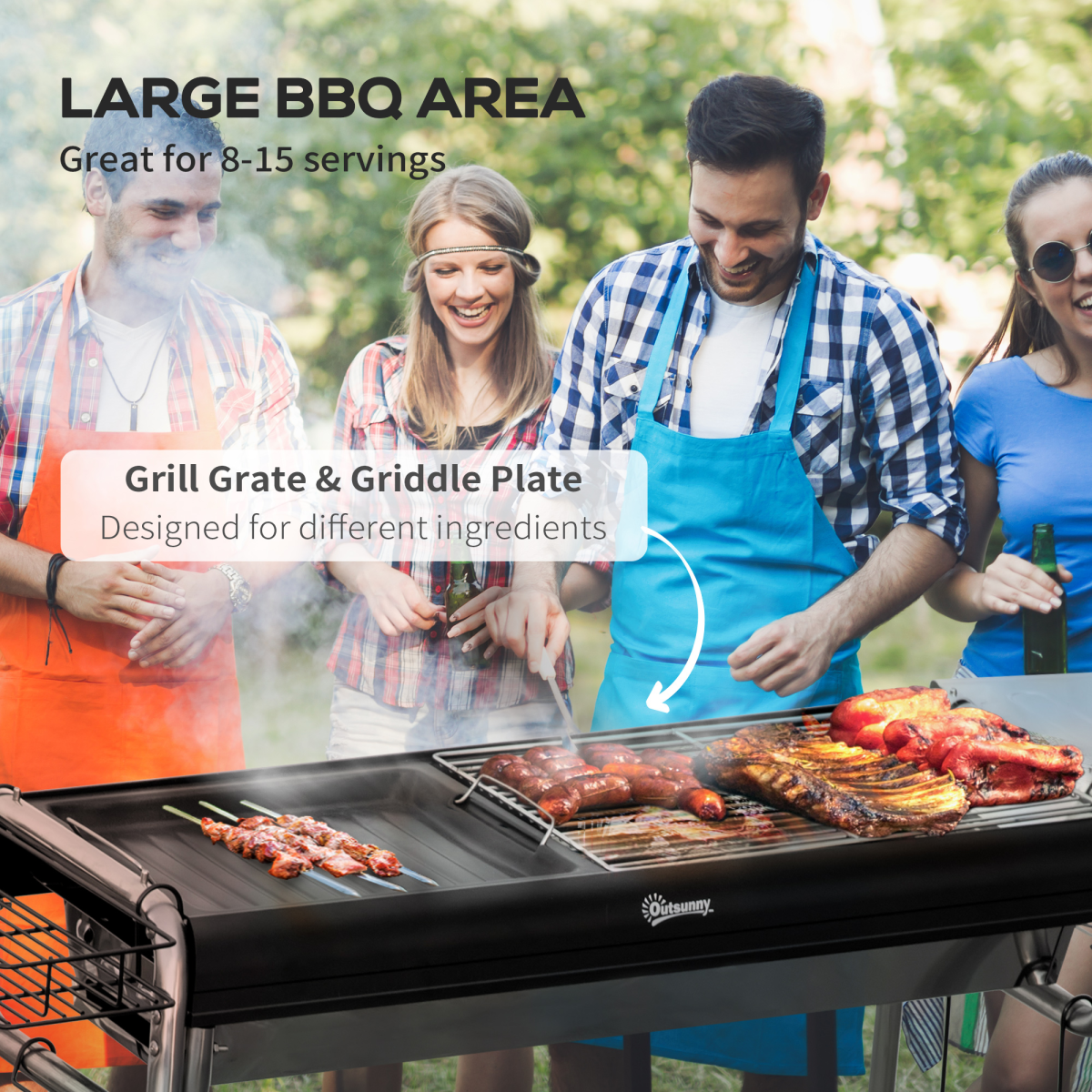 Outsunny Charcoal BBQ Grill with Griddle Plate, Side Basket & Shelves – Portable Camping Barbecue, Black