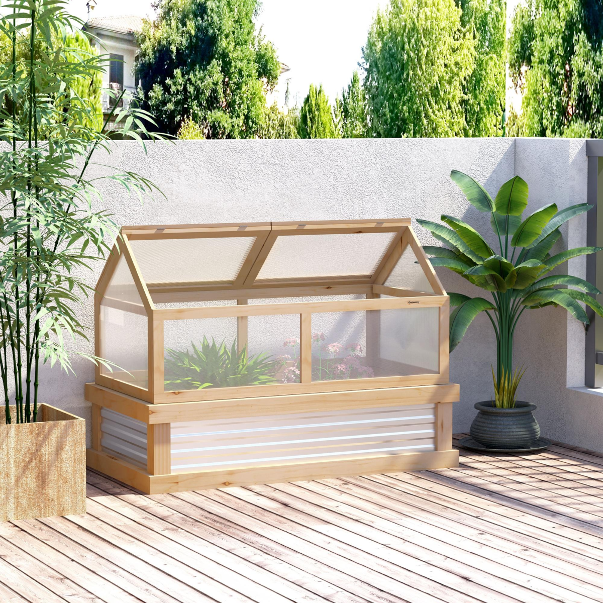 Wooden Raised Garden Bed with Polycarbonate Greenhouse Top – Fir Wood Planter Kit with Opening Roofs, Natural