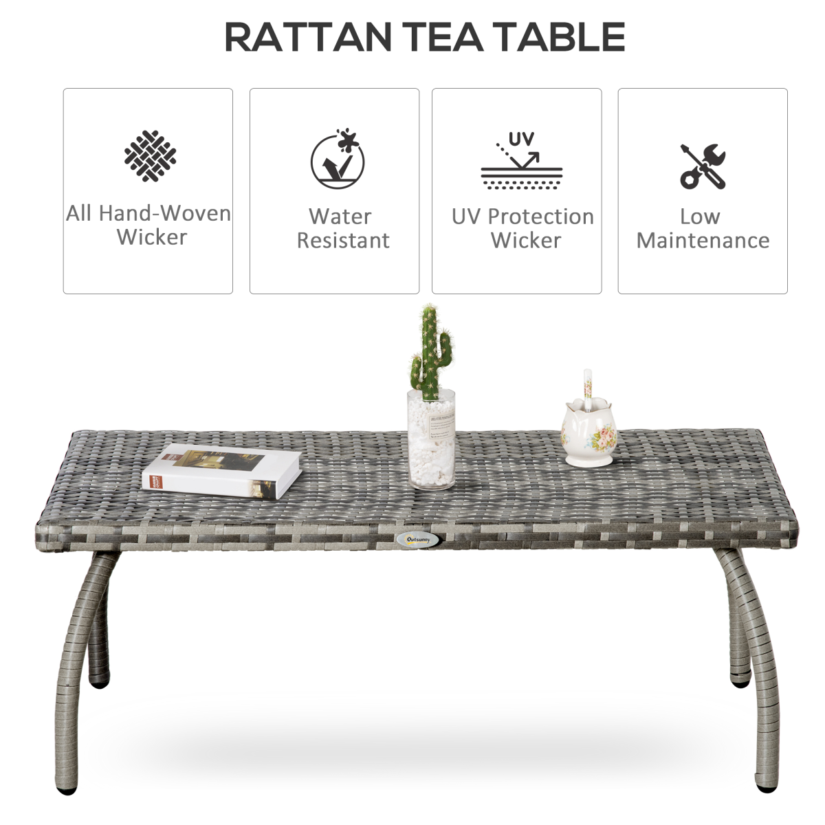 Outsunny Rattan Coffee Table with Heavy-Duty Steel Frame & PP Board Top – Patio Wicker Table, Grey