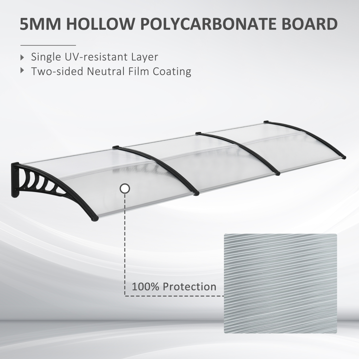 Outsunny Front Door Canopy, 300 x 100cm Curved Polycarbonate Awning – Outdoor Rain Shelter, Clear