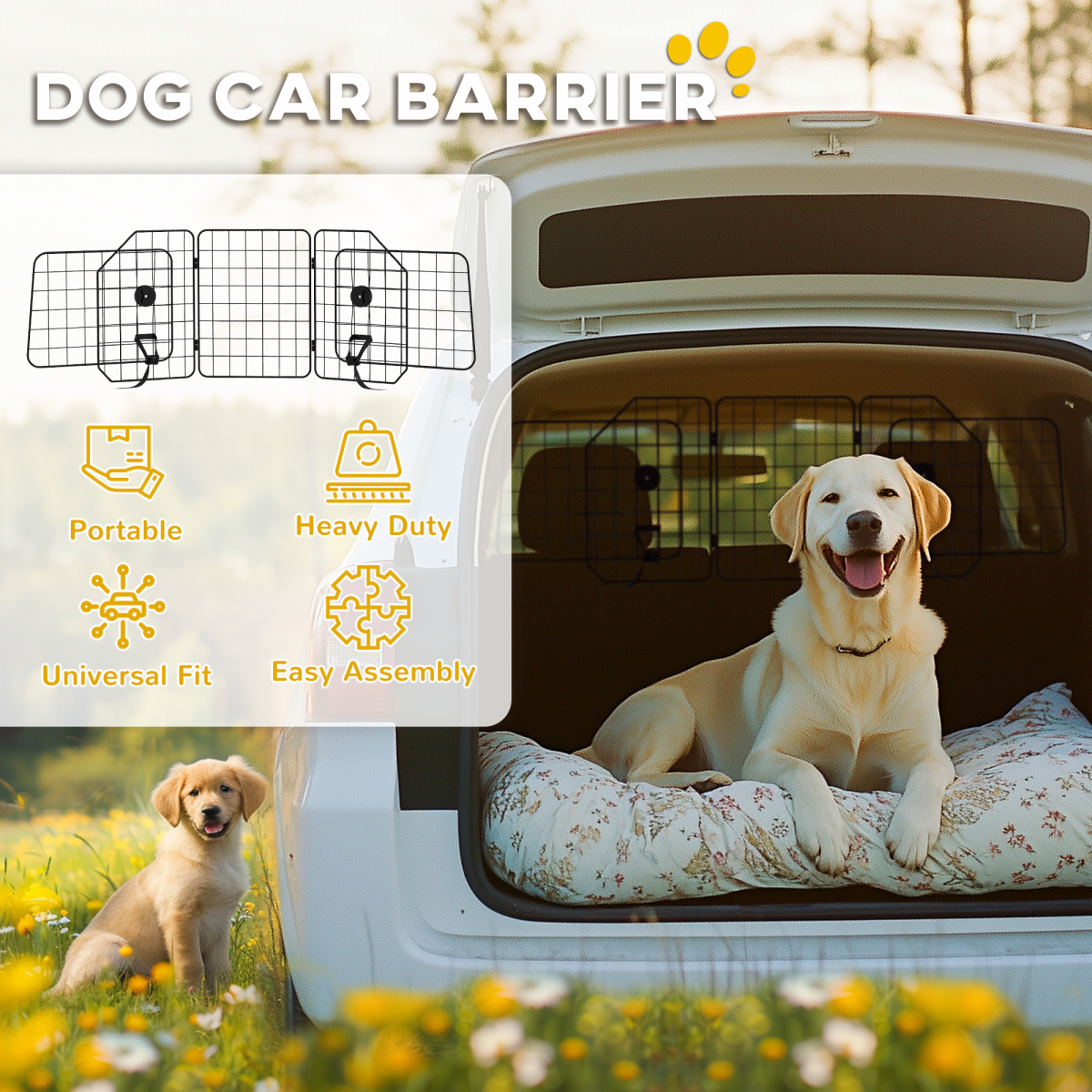 PawHut Dog Guard for SUVs, Vehicles & Vans with Adjustable Width 93–150cm – Foldable Steel Car Barrier, Black